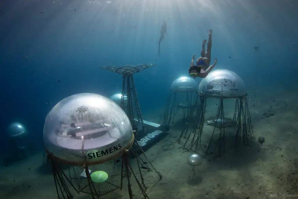 Woman practicing free diving at Nemo's Garden